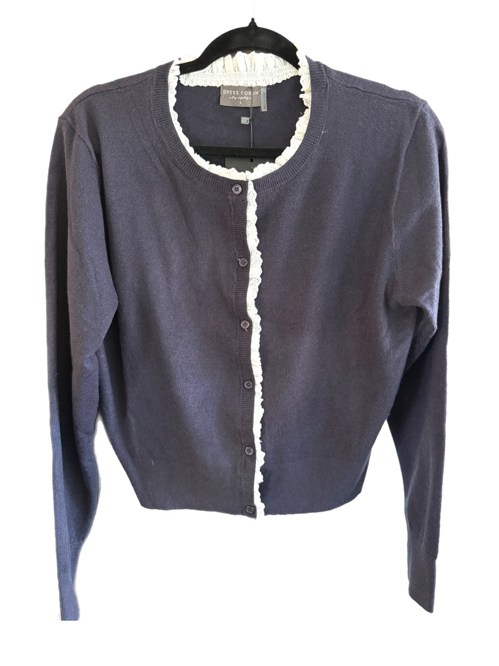Dress Forum LA Navy Cardigan with White Ruffle Trim